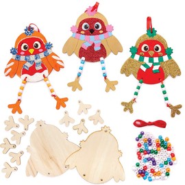 Baker Ross FX304 Christmas Robin Wooden Beading Kits - Pack of 5, Craft Decorations for Kids Party, Arts and Crafts, Blue,Green,Orange,Purple,Red,White