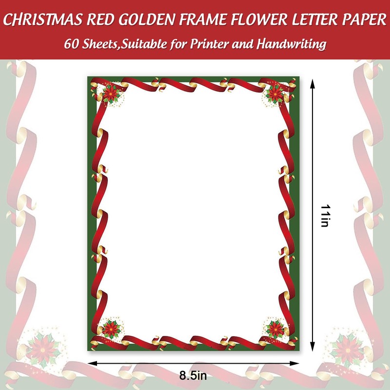AnyDesign 60 Sheet Christmas Stationery Paper Red Green Poinsettia Flower