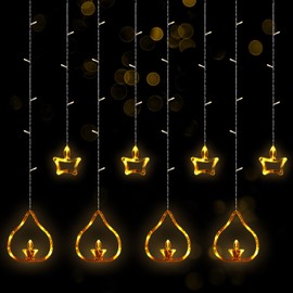 Riakrum 2 Pcs 8.2 ft Diya Lights Diwali String Lights Curtain 120 LED Lights Indoor Light Lamps for Diwali Decorations for Home Wall Window Indian Wedding Garden Bedroom Outdoor Christmas Party Gift