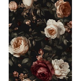 Dark Floral Wallpaper Peel and Stick, Vintage Black/White/Red Rose Contact Paper 17.5" x 393" , Retro Flowers Wall Paper Self Adhesive Waterproof Removable for Room Shelves Cabinet Drawer Table Decor