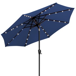 Sun-Ray 9' Round Patio Umbrella with 32 Solar Powered LED Lights, Push-Button Tilt and Hand Crank Lift, Solar Umbrella in Navy for Porch, Deck, and Patio