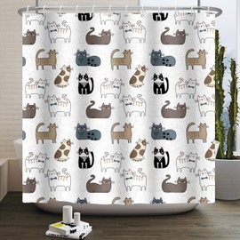 SDOTPMT 120 x 180 cm Cute Funny Animal Shower Curtain Cartoon Play Cats Pattern White Bathroom Curtain Modern Classic Bath Curtain for Boys Girls Bathroom Decor with Hooks