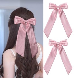 Satin Bow Hair Clips for Girls Women Pink Bows Hair Accessories Large Hair Clip for Girls Bow Clips with Long Tail Vintage Hair Ribbon Bows for Women Girls Toddlers Teens Kids Bowknot Barrette Pair