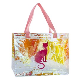 TotePrint Laser Cat Printing PVC Shopping Bag With Woven Handle Holographic Plastic Tote Beach Bag for Work Stadium Travel (Cat+Pink Woven Belt)