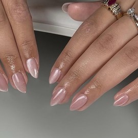 SXVME Uñas Postizas Color Rosa Nude, Uñas Postizas Color Nude Estilo Ojo De Gato, Uñas Postizas Cortas Con Purpurina Y Pegamento, Uñas Postizas Acríli