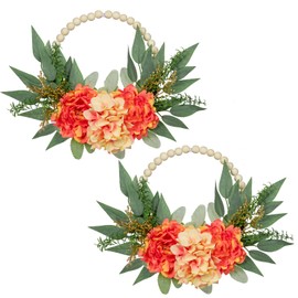 Winter Wreaths for Front Door 10" Artificial Floral Wood Bead Wreaths Eucalyptus Leaves Peony Hydrangea Wreaths for Front Door Boho Farmhouse Wall Decor 2 Pack - Orange