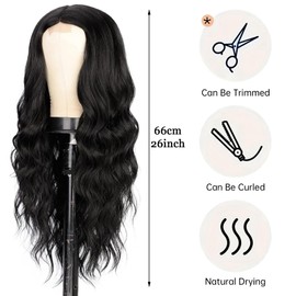 EDLMKM Long Wavy Black Wigs Charming Synthetic Fiber Long Wavy Hair Costume Wig for Women, Natural Curly Synthetic Hair Middle Part Full Wig for Daily Christmas Carnival Party Cosplay Use-26Inches