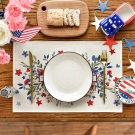 Artoid Mode Eucalyptus Floral Stars 4th of July Placemats Set of 4, 12x18 Inch Memorial Day Holiday Table Mats for Party Kitchen Dining Decoration