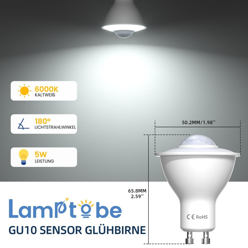 Lamptobe 5W GU10 LED Glühbirne mit Bewegungsmelder mit Dämmerungssensor, Kaltweiss