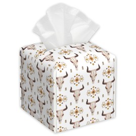 Caja de pañuelos con diseño de calavera de vaca de toro, cuadrada, soporte para caja de pañuelos con parte inferior de cinturón, elegante soporte de servilletas de piel para encimera de cambiador