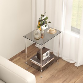 IRCPEN Acrylic Glass Side Tables with 2 Shelve End Table Bedside Set of 2, Simplicity Nightstands for Small Spaces, 2-Tier Tempered Glass for Office Bedroom Living Room Study Outdoor Black