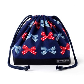 COLORFUL CANDY STYLE お弁当袋 女の子 巾着 中 子供 おしゃれ かわいい マチ付き ポルカドットとストライプのフレンチリボン(ネイビー) N3474400