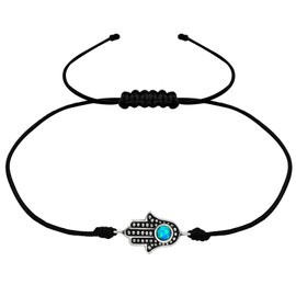 Bungsa Women's Bracelet Black with Hand of Fatima and Opal 925 Sterling Silver, Silver, Synthetic Opal