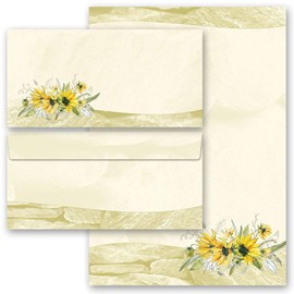 Letter Paper Set 20 Pieces Flowers & Blossoms Yellow Sunflowers 10 Sheets Writing Paper + 10 Matching Envelopes DIN Long without Window Paper-Media