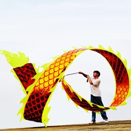 DSJUGGLING 3D Dragon Poi with 340g Weighted Ball & 1.1 Meters Swing Rope - Silk Flowy Shaking & Flinging Chinese Golden Dragon Ribbon Streamer + Travel Bag! (8 Meters (26.2 FT), Golden Gold Dragon)