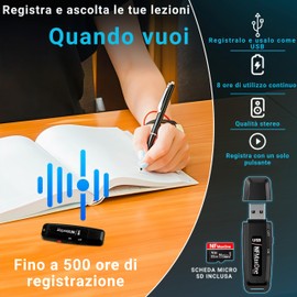Registratore vocale spia digitale con microSD da 32 GB incluso | Mini registratore audio ideale per riunioni, interviste, lezioni | registratore USB spia portatile con fino a 500 ore di registrazione