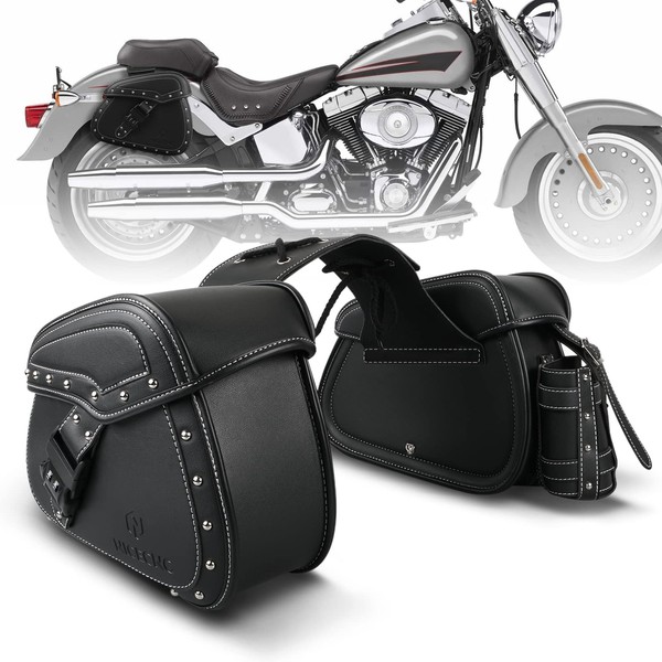 NICECNC Motorcycle Saddle Bags, PU leather Motorcycle Saddlebags, Reinforced Straps & Saddle Piece, with Cup Holder & Lock, Throw Over Saddle Bags Side Bags Universal Motorcycle Accessories,Black