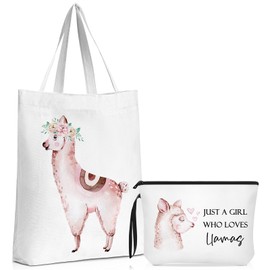 Locmeo 2 Pcs Llama Gifts for Christmas Women Cute Animal Lover Gifts Include Canvas Tote Bag and Makeup Bag Just a Girl Who Loves Llamas Gift for Sister Friends