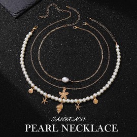 Atigy Boho Necklace with Starfish Beads and Shell Multiple Chain Gold Pendant Beach Necklace Jewellery for Women, Unit size, Metal, No Gemstone