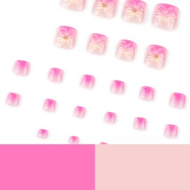 Press on Toe Nails Short Square Fake Toenails Colorful Gradient Stick on Toenails with 3D Flower designs French Tip Press ones False Toenails Summer Glue on Toenails for Women 24pcs