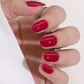 30 Pcs Short Almond Shaped Soft Gel Press on Nails Solid Color Fake Nails Designs Glossy Red Acrylic Nails with Nails Glue Full Cover Salon Quality Thickened Stick on False Nail Kits for Women