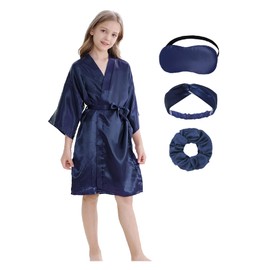 Kids Girls Robes Silky Satin Knee-length Kimono Robe for Birthday Spa Bridal Party Flower Girl Sleepwear (Navy, 4)