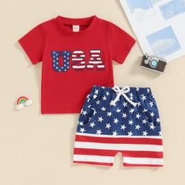 Baby Boy 4th of July Outfit Toddler Summer T Shirt Shorts 2pcs Set Newborn My First Fourth of July Clothing (J USA Embroidery Letter Red, 18-24 Months)