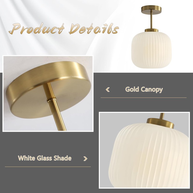 KCO Lighting Milk Glass Ceiling Light Fixture Ribbed Flush Mount