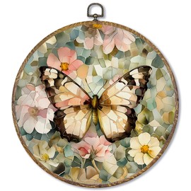 Fewgb Vintage Butterfly Floral Round Wall Art Decor Framed for Bedroom Living Room Kitchen Bathroom, Aesthetic Flower Canvas Wall Art Prints Picture, Rustic Wildflower Hanging Room Decor Artwork 10x10