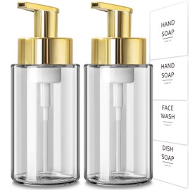 RYTOXILO Foaming Soap Dispenser, 10 oz/300ml Gold Soap Dispenser, 2 Pack Glass Foaming Hand Soap Dispenser for Bathroom & Kitchen, Clear Refillable Foam Soap Dispenser Bottle with Waterproof Labels