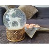 Snow globe deer white on base copper gold snowflakes with