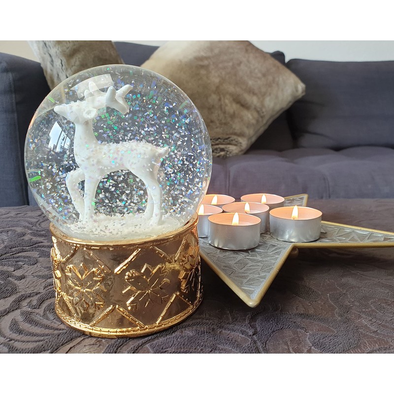 Snow globe deer white on base copper gold snowflakes with