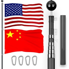 G128 Combo Pack: 25 Ft Telescoping Aluminum Flagpole (Black) & American and China Flags 3x5 Ft, Both ToughWeave Series Embroidered Polyester | Pole with Flags Included