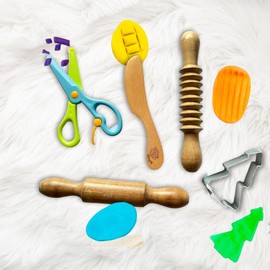 Lattooland Play Dough Tools for Kids | Wooden Rolling Pins | Wooden Knife | Child-Safe Scissors | Clay Mould | Pretend Play Kitchen Tools Montessori Toys
