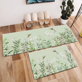 LB Eucalyptus Kitchen Mats for Floor Cushions Anti Fatigue Kitchen Mat Hummingbird on Sage Green Kitchen Rugs Sets of 2 Kitchen Carpets and Rugs Non-Slip Washable Kitchen Floor Mat, 24"x16"+47"x16"