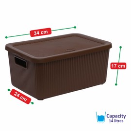 JMS we create smile (Set of 2) 14L Litre Plastic Storage Box With Lid & Handles Utility Stackable Basket Container Lidded Bins Decorative Household Cosmetics Storage Shelves (Brown)