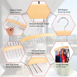3 Pack Tank Top & Bra Hanger, Tie & Belt Hanger with Natural Wood, 24 Space Saving, 360 Rotating, Foldable Metal Hooks, Closet Organizer and Storage Rack for Tank Tops/Bras/Ties/Belts