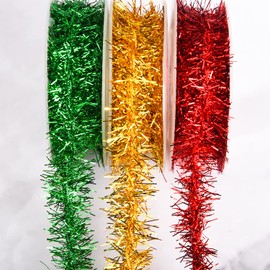 AOVNA 3 Pack Christmas Mini Tinsel Garland Red Green Gold Christmas Tree Metallic Garlands Christmas Hanging Garlands