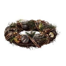Christmas Advent Wreath Made of Multiple Materials Round with Gold/Brown Decoration for Tea Lights Diameter 33 cm