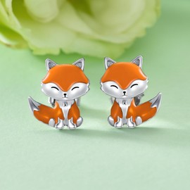 Shusukue Fox Earrings 925 Sterling Silver Fox Stud Earrings Cute Animals Stud Earrings Fox Birthday Jewelry Gifts for Women Teens (Orange)