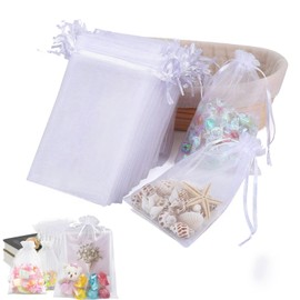 50Pcs Organza Gift Bags, Mini Sheer Mesh Gift Drawstring Pouches, Multicolorl Small Jewelry Pouches Bags, for Christmas Valentine Party Wedding Birthday Baby Shower Goodie Packaging (White, 20 x 30 cm/8 x12inch)
