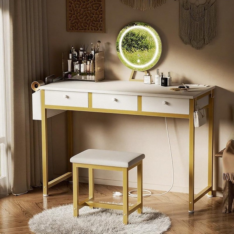 KAI-ROAD White and Gold Makeup Vanity Desk with Mirror and