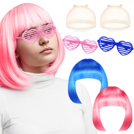 Benaewa 6 Pcs Bob Wig Set, Blue, Pink Wig with 2 Pcs Cap and 2 Pcs Sunglass for Women, Party Favors