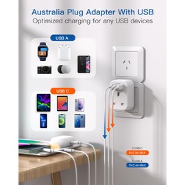 [2 Pack] UK to Australia Plug Adapter, Australian China Travel Adapter with 3 USB Ports(2 USB C), 4 in 1 Australian plug adaptor for UK to Chinese New Zealand Fiji Argentina etc (Type I)