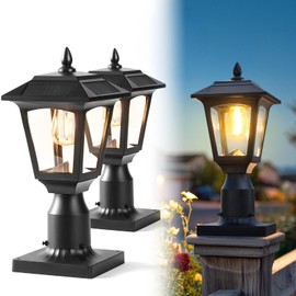 PASAMIC Solar Post Light 2 Pack, 3000K Automatic Dusk to Dawn Outdoor Solar Lamp with Aluminum Base, Waterproof Pillar Light for Fence, Garden, Yard, Patio,Outside Decoration– Bonus Bulb Included
