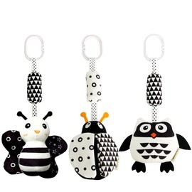 KAKIBLIN Baby Hanging Toy,3 Pack Black and White Baby Toys for 3 6 9 12 Months, High Contrast Hanging Toys,Plush Soft Stroller Rattles Toy for Boys and Girls(21CM, Ladybug,Bee & Owl)