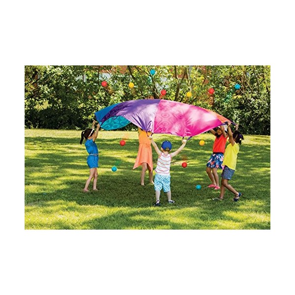 B. toys – Parachute for Kids – Play Parachute with 15 Colorful Balls – 12 Handles – 8ft Wind Tent – Outdoor Games – Rainbow Colors – Woo-Hue Parachute! – 3 Years +