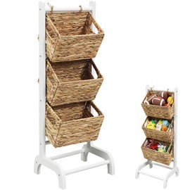 Menkxi Wicker 3-tier Foldable Storage Basket Floor Stand with Market Storage Baskets Water Hyacinth Storage Organizer Shelf Handwoven Laundry Organizer for Bathroom Kitchen Laundry Living Room Storage