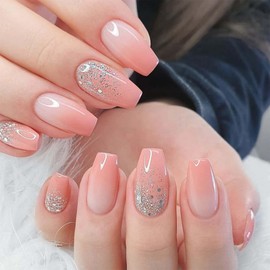 Coffin Press on Nails Medium Fake Nails Pink Gradient with Glitter Design Ombre Ballerina False Nails Glossy Glue on Nails Reusable Full Cover Artificial Acrylic Nails for Women Girls Manicure 24Pcs