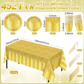 Funnymoom 452 Pcs Gold Birthday Party Decorations Include Golden Diamond Paper Plates and Napkins Cups Tablecloth Cutlery Straws Glitter Disposable Tableware for Birthday Anniversary Wedding